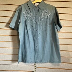 Passione Embroidered Denim Shirt Short Sleeve Button Up Top Blue Size 1X Vintage